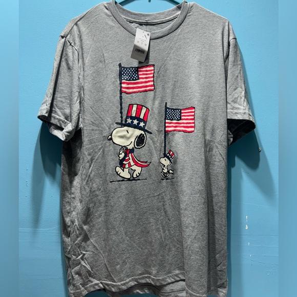 Peanuts x Hybrid Apparel Snoopy Woodstock USA Flags T Shirt Gray Men's Large - Picture 2 of 5